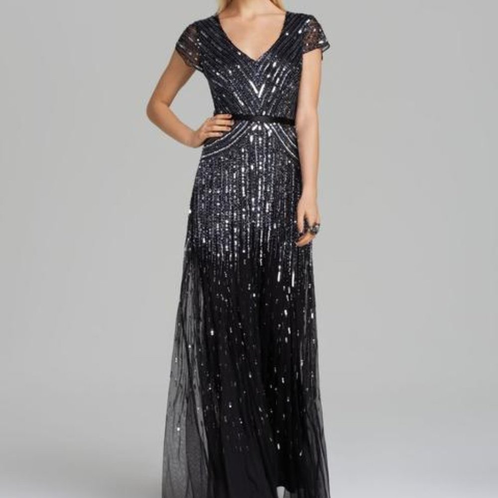 Adrianna Papell Beaded V-Neck Gown, Gunmetal - Size 4P